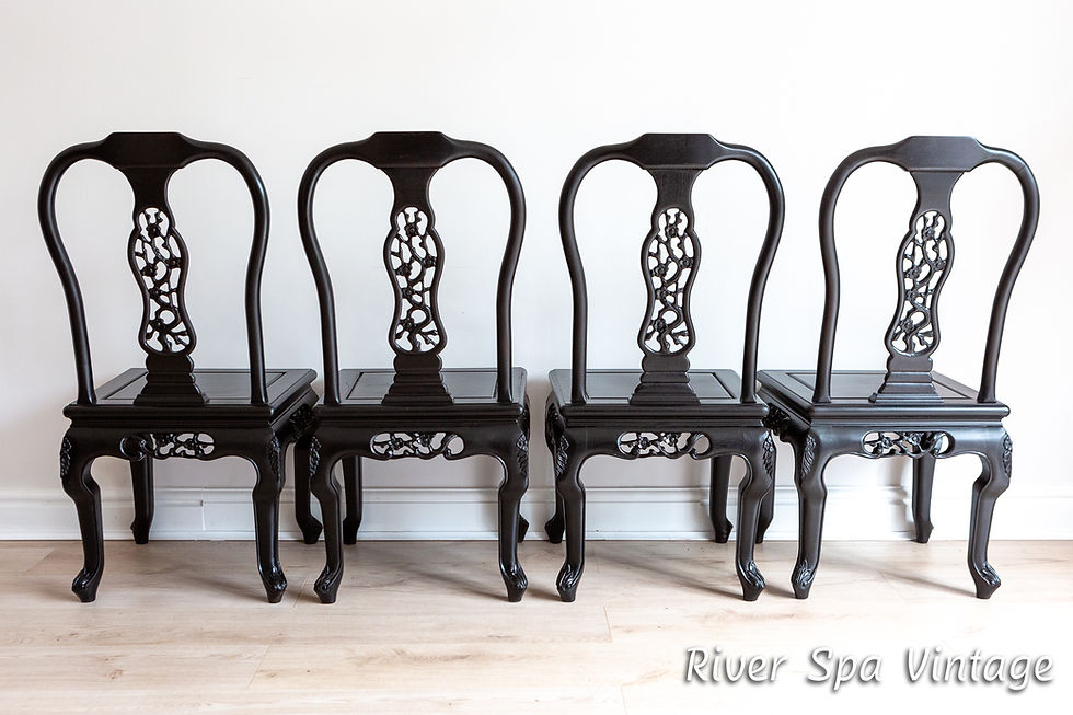 Thumbnail: Rare Set of 4 Vintage Antique Black Chinese Carved Dining Chairs Ebonised Orient