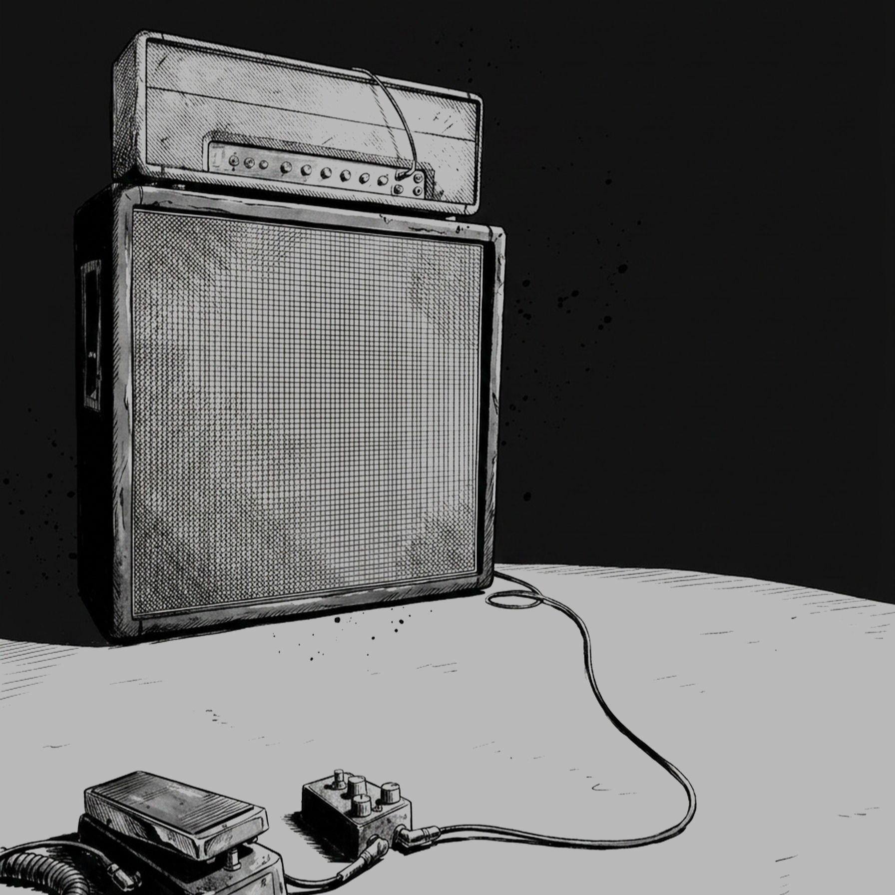 Noir-inspired illustration of a 50-watt plexi amp and 4x12 speaker cabinet. A wah & fuzz pedal are plugged in up front.