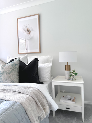 Guest bedroom styling using cool and neutral colours