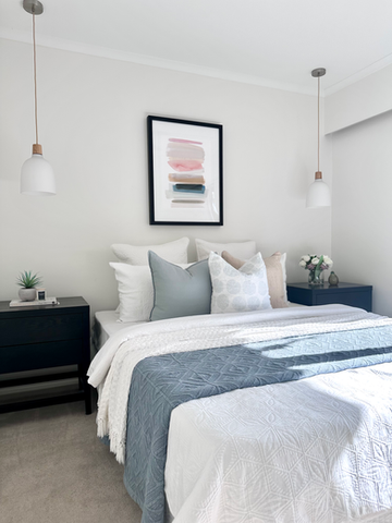 Master bedroom with gorgeous hanging bedside pendant lights