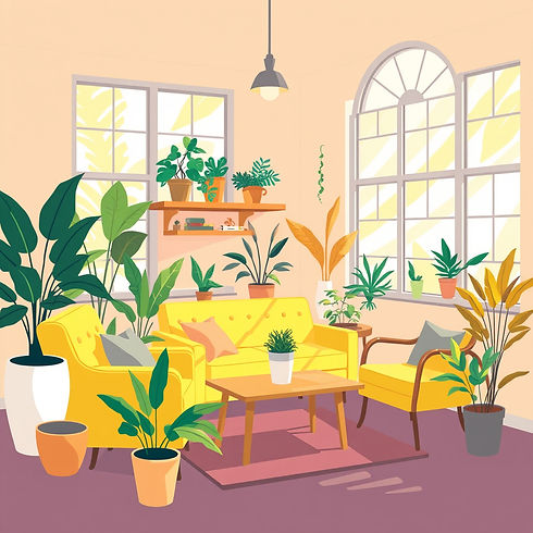 sunroom therapy clinic with yellow furniture and warm colors with lots of plants.jpg