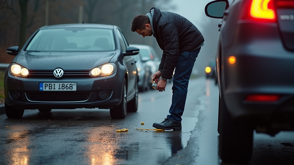 Eye-level view of a collision investigation scene with an expert examining evidence