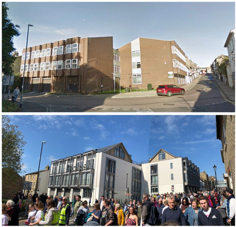 Before and after photographs of Alexander House on Fore Hill in Ely by Haysom Ward Miller Architects, showing the dramatic transformation from a 1960s office block with dark brick façades to a contemporary residential architecture project with bay windows, balconies, and lighter materials in harmony with the conservation area.