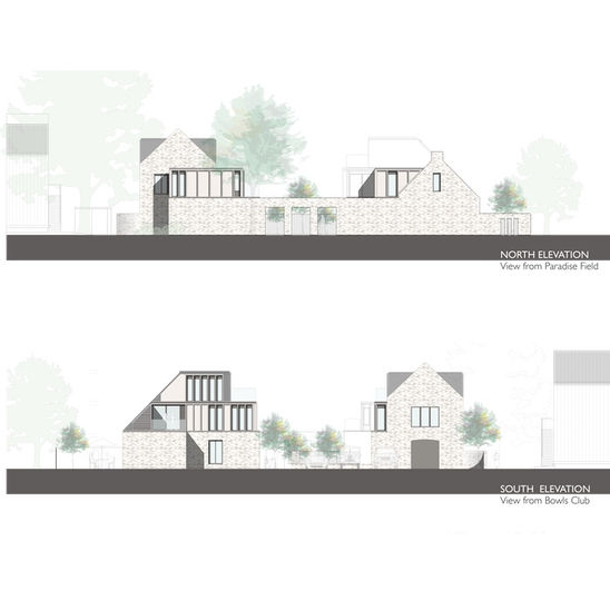 Architectural elevation drawings of Ely Paradise housing development in Cambridgeshire by Haysom Ward Miller Architects, showing north and south facades in brick and glass.
