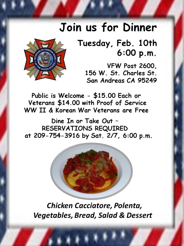 Dinner with VFW Post 2600 in San Andreas: Chicken Cacciatore 