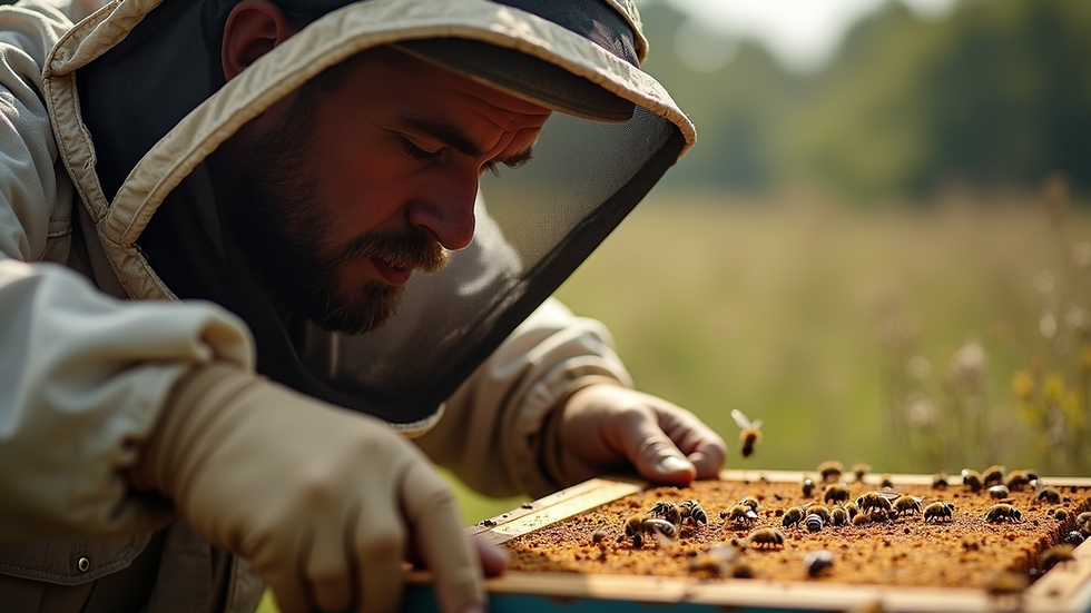 Close-up view of a veteran inspecting a beehive with bees buzzing around
