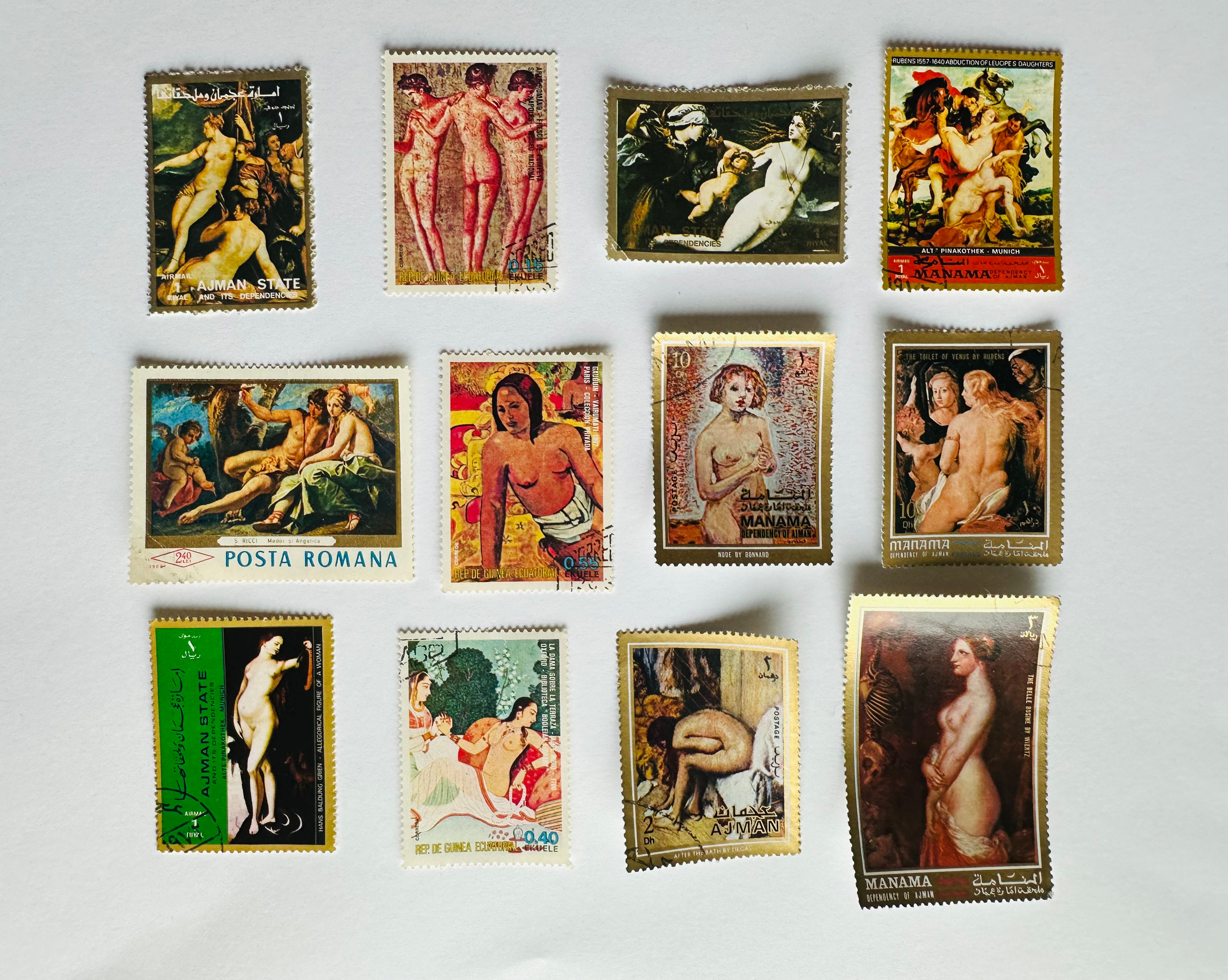 Set of 12 Velvet Mythologies Curated Vintage International Stamps