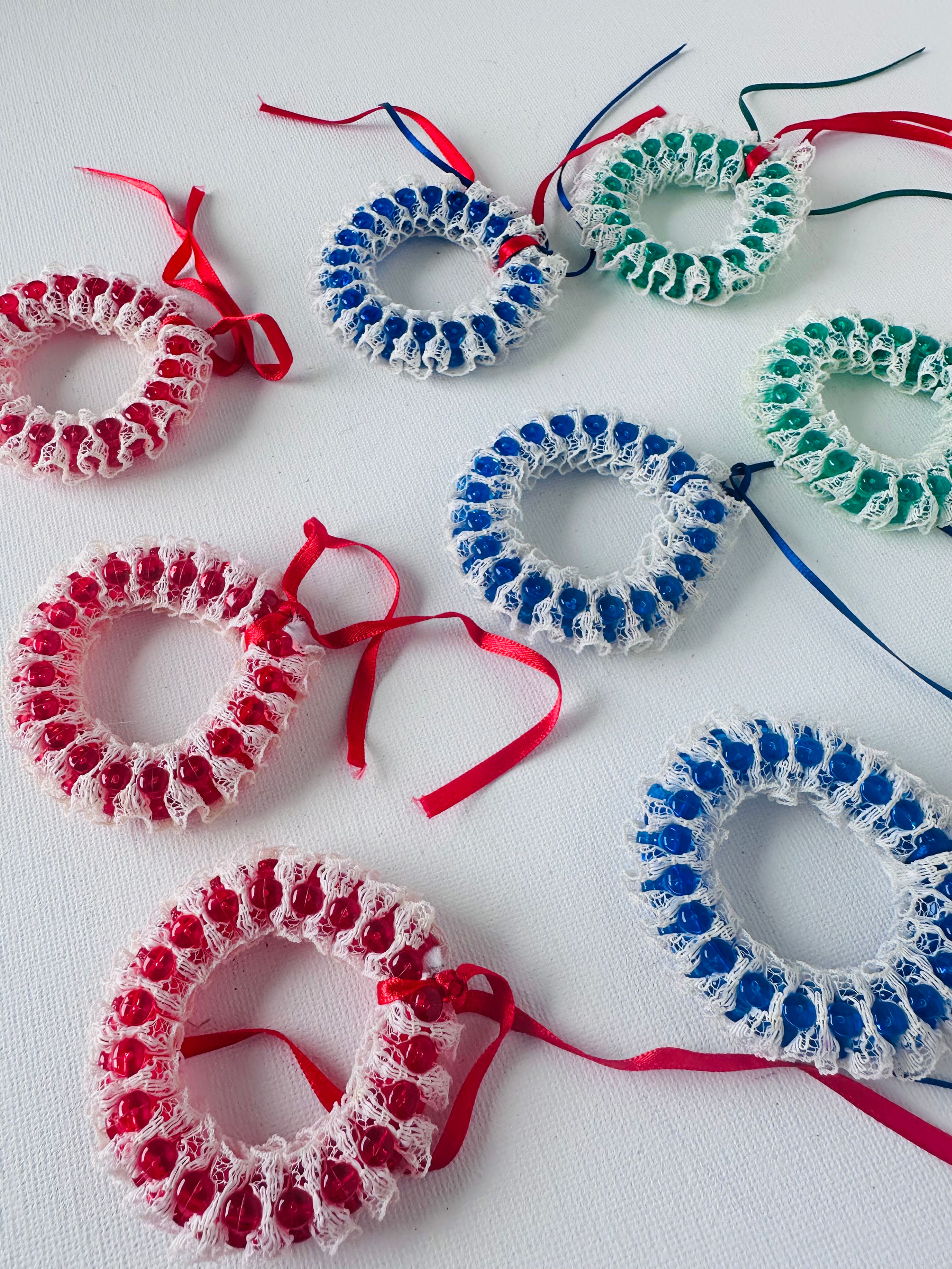 Set of 9 Vintage Handmade Beaded Lace Wreath Christmas Ornaments