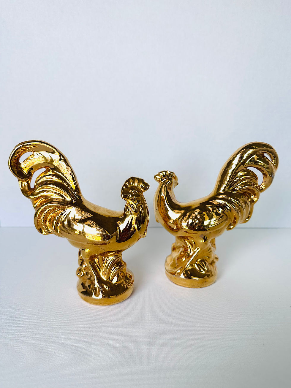 Thumbnail: Pair of Vintage Gold Ceramic Rooster Figurines 
