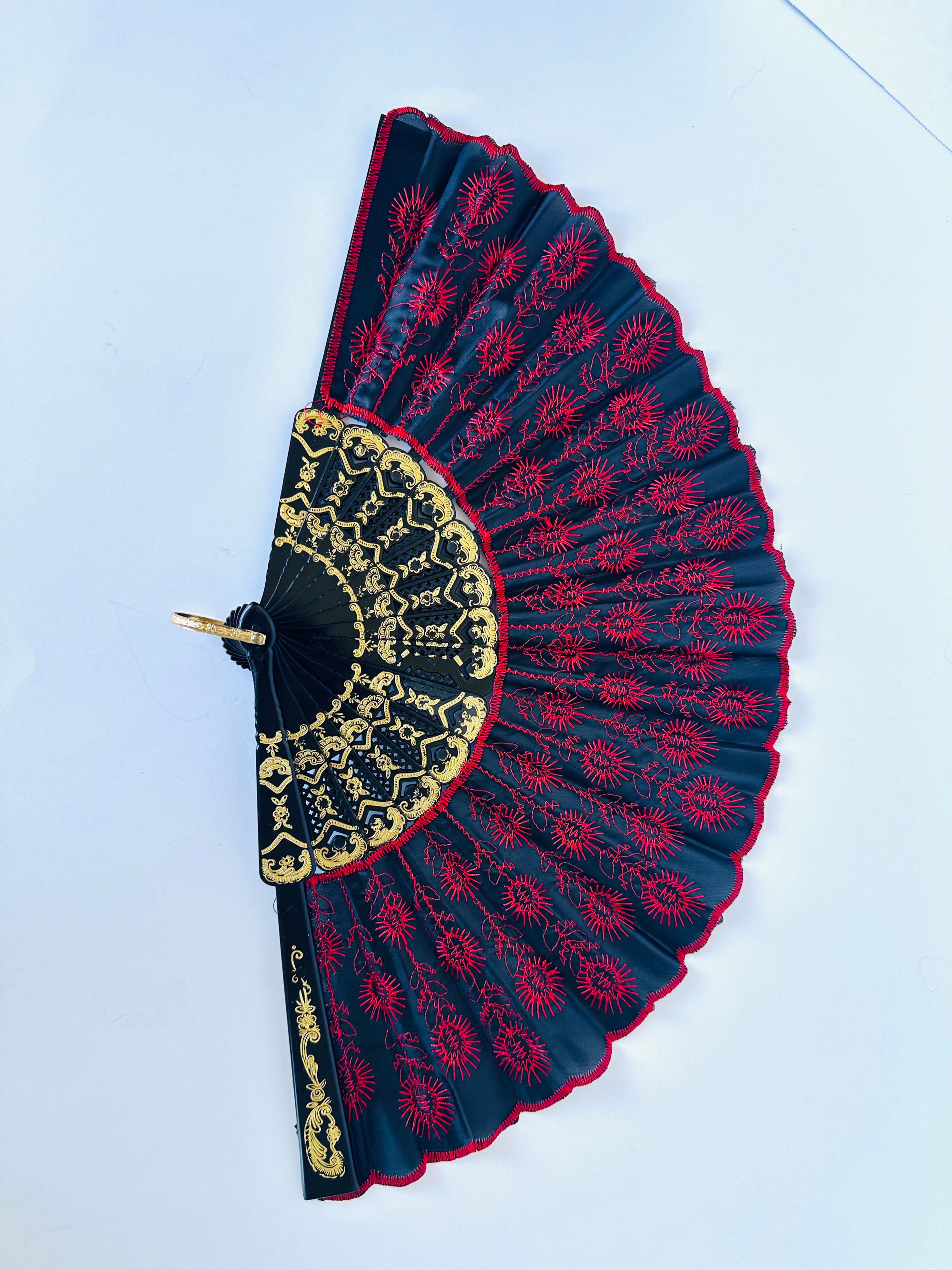 Vintage Spanish Black & Red Embroidered Hand Fan
