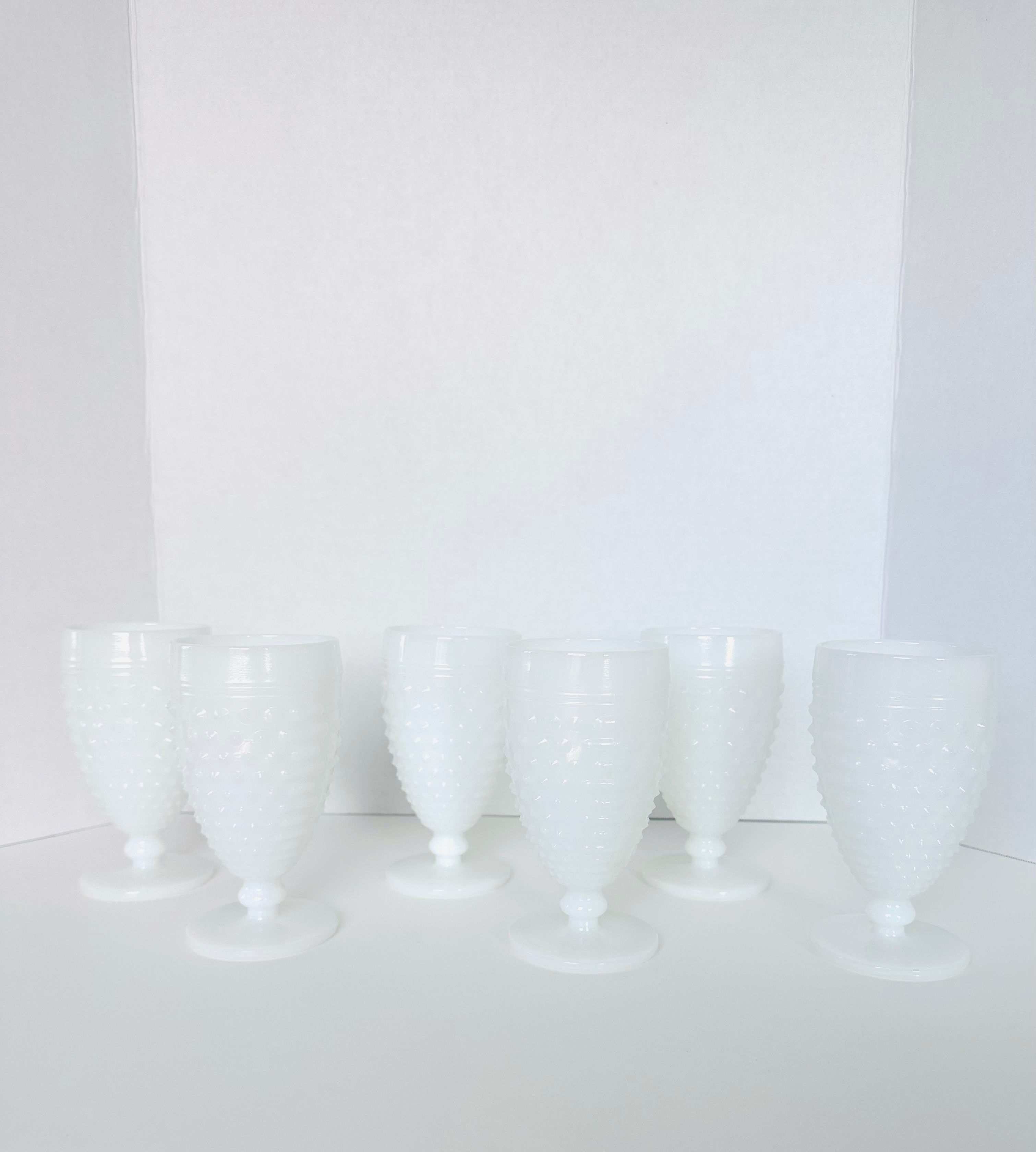 Set of 6 Vintage White Milk Glass Hobnail Goblets