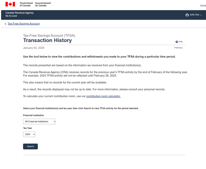 Screen shot of the updated transaction history page prior to filters applied.