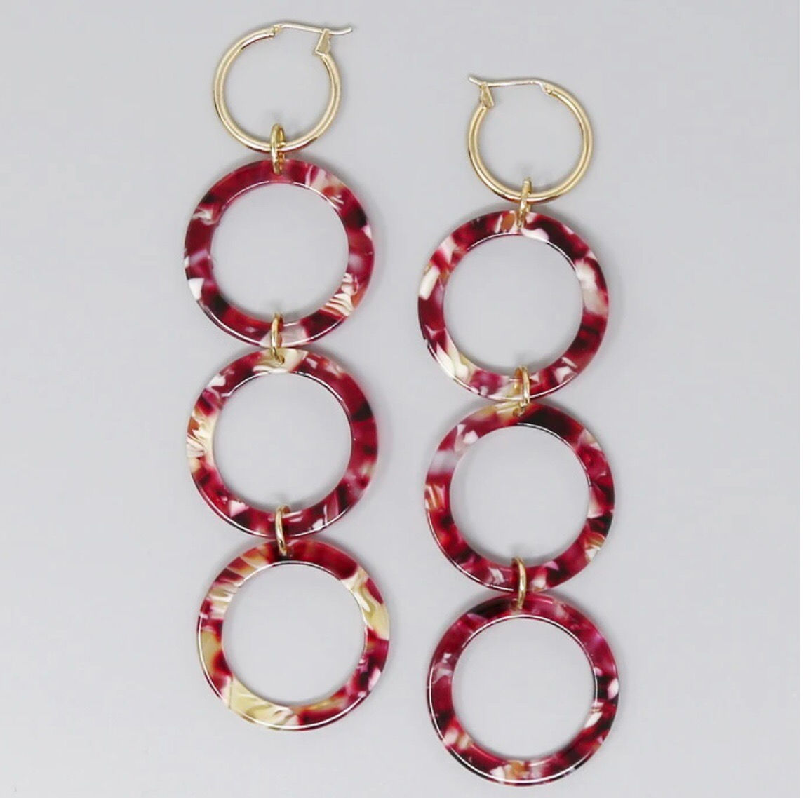 Burgundy Triple Acetate Hoop Drop Earrings