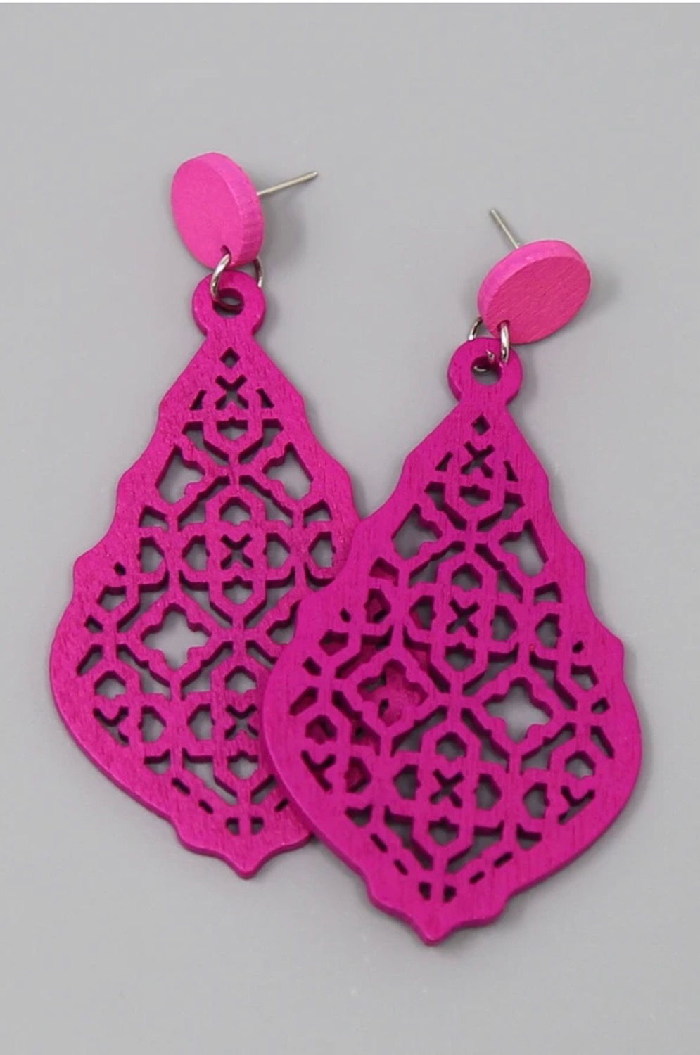 Fuchsia Moroccan Frame Wooden Drop Earrings
