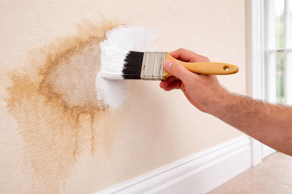 Hand applying white primer to an interior wall with a paintbrush, preparing the surface for painting.