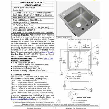 Acorn-Sinks CDADA-2220 classroom sink submittal sheet showing dimensional render and specifications.