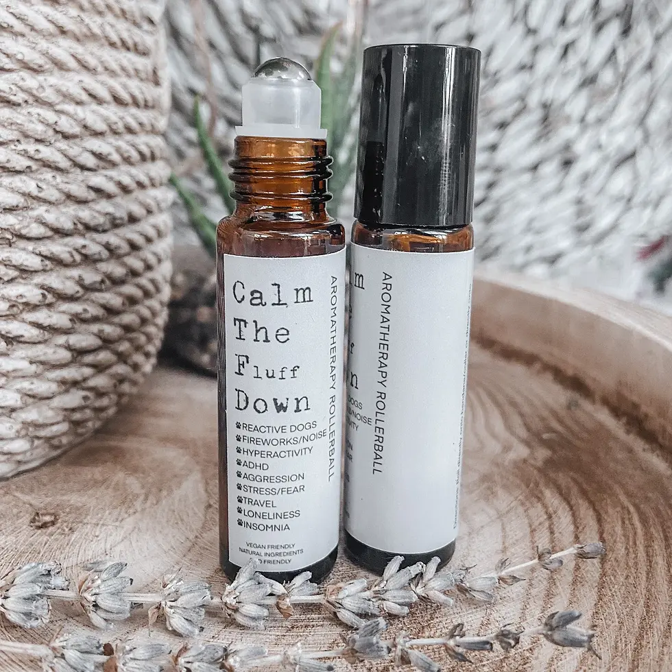 Two brown canisters roller ball calm the fluff down