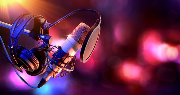 Close up studio condenser microphone with pop filter and anti-vibration mount live recordi