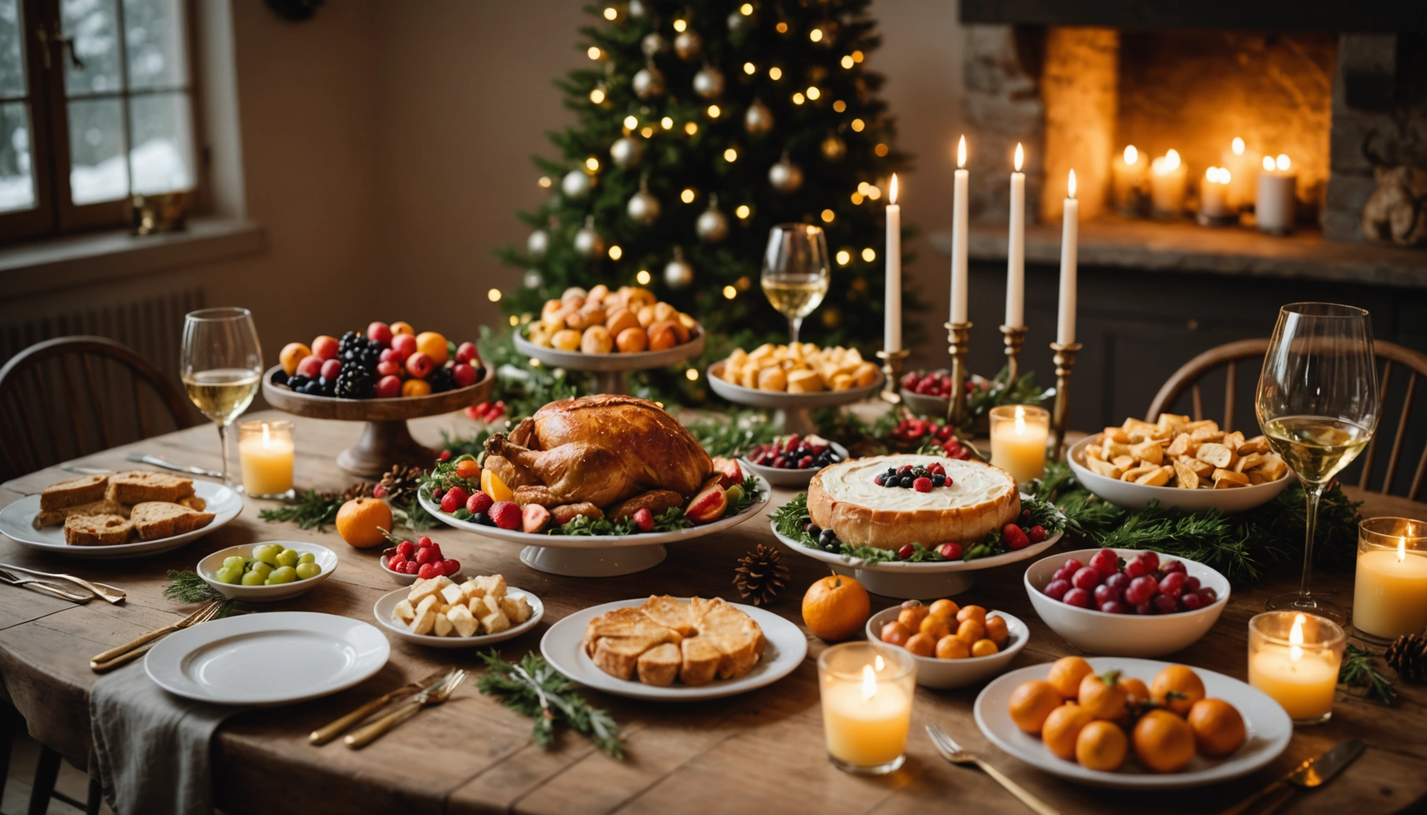 Elegant Christmas dinner table with a roasted turkey, festive desserts, and a beautifully decorated Christmas tree in the background.