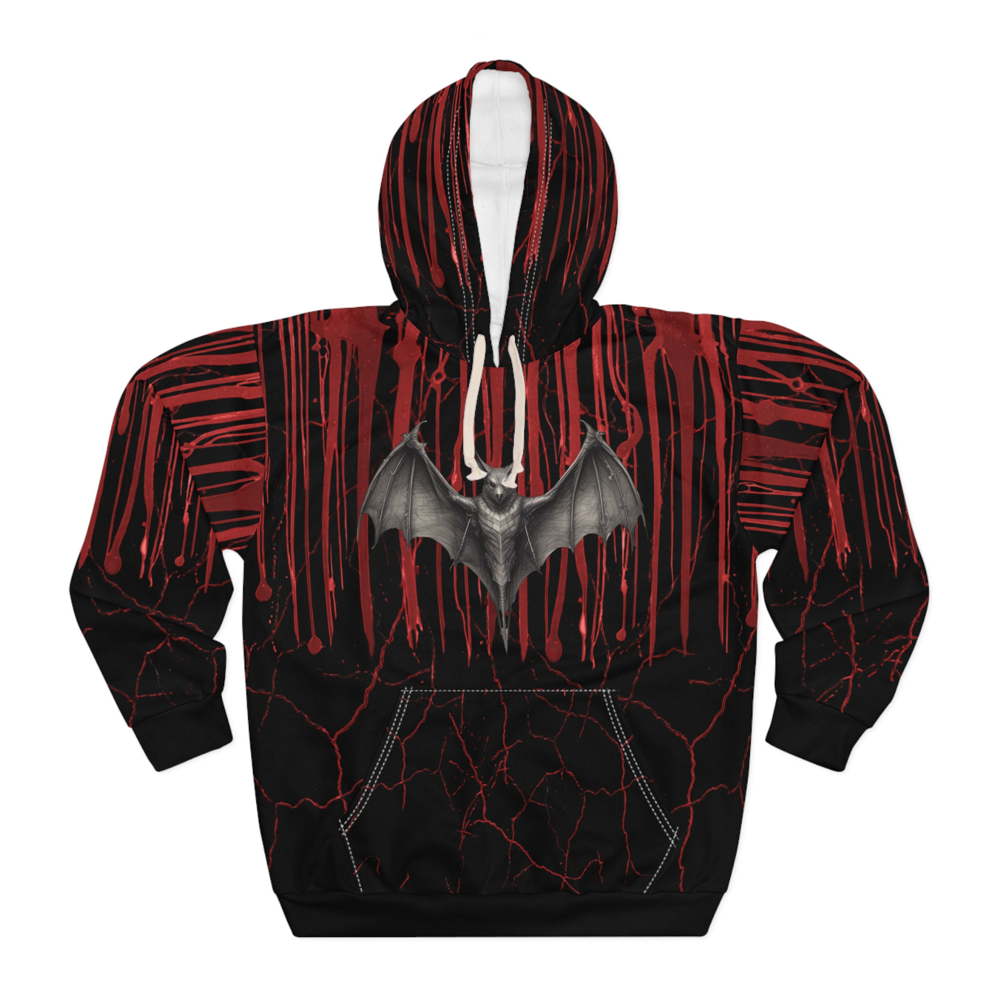 Gothic Bat Graphic Hoodie — Red Drip Horror Pullover