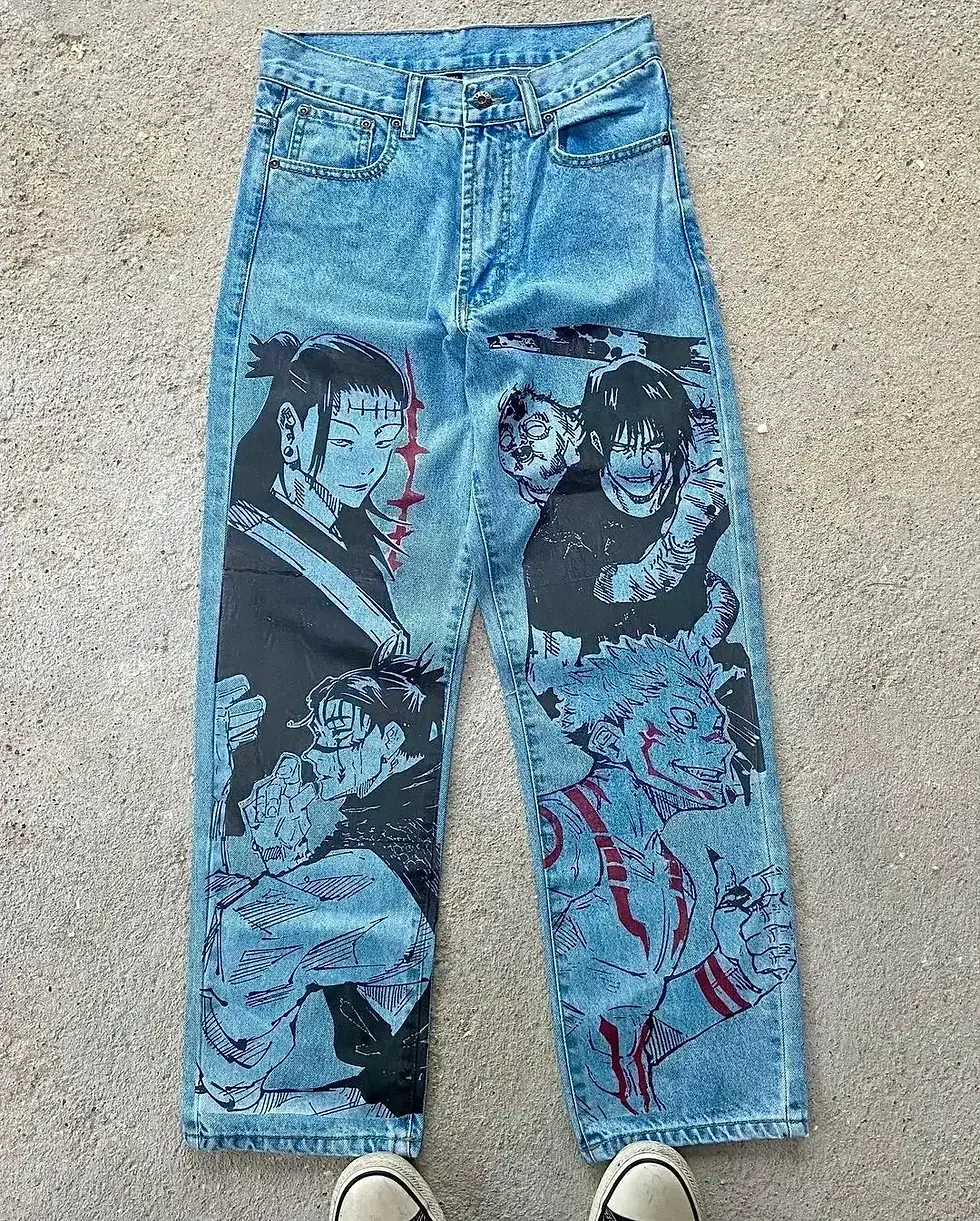 Miniatura: Anime Print Blue Baggy Jeans New Style Wide Leg Trouser Y2k Harajuku 