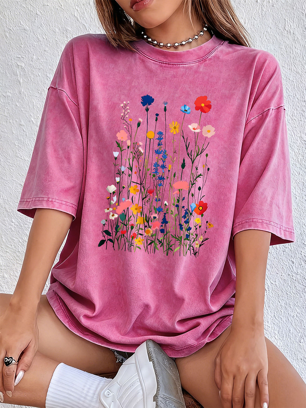 Miniatura:  Floral Plants Printed Washed T-Shirts Womens 