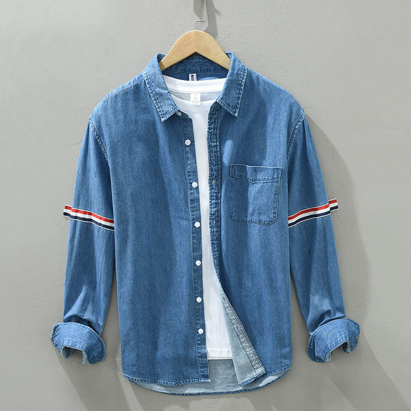 8840 trend new bar webbing stitching shirt men's long sleeve pocket blue casual