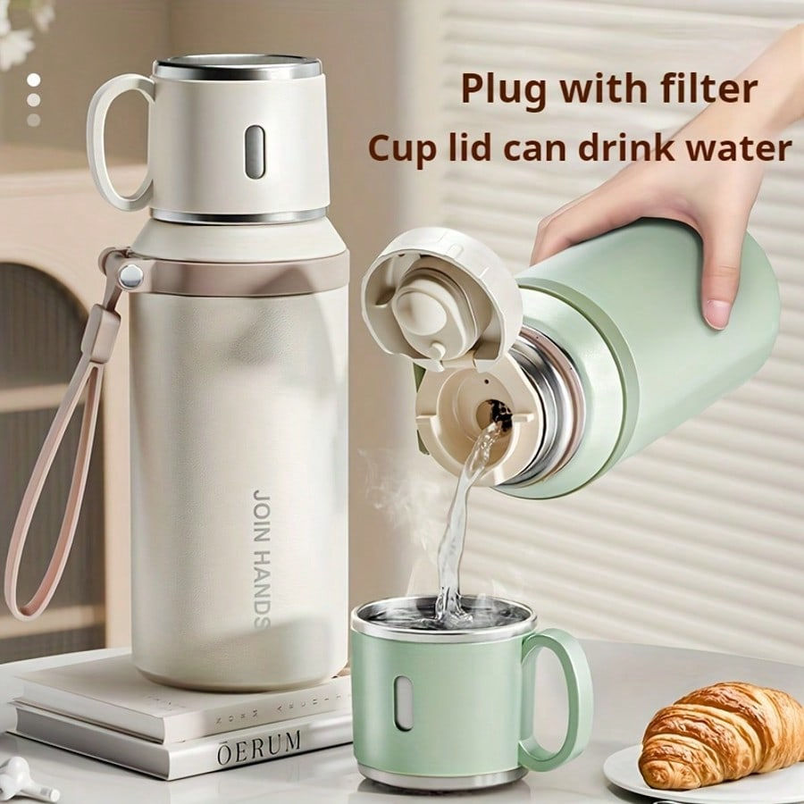 Miniatura:  Portable Thermal Water Bottle With Cup Lid & Carry Strap