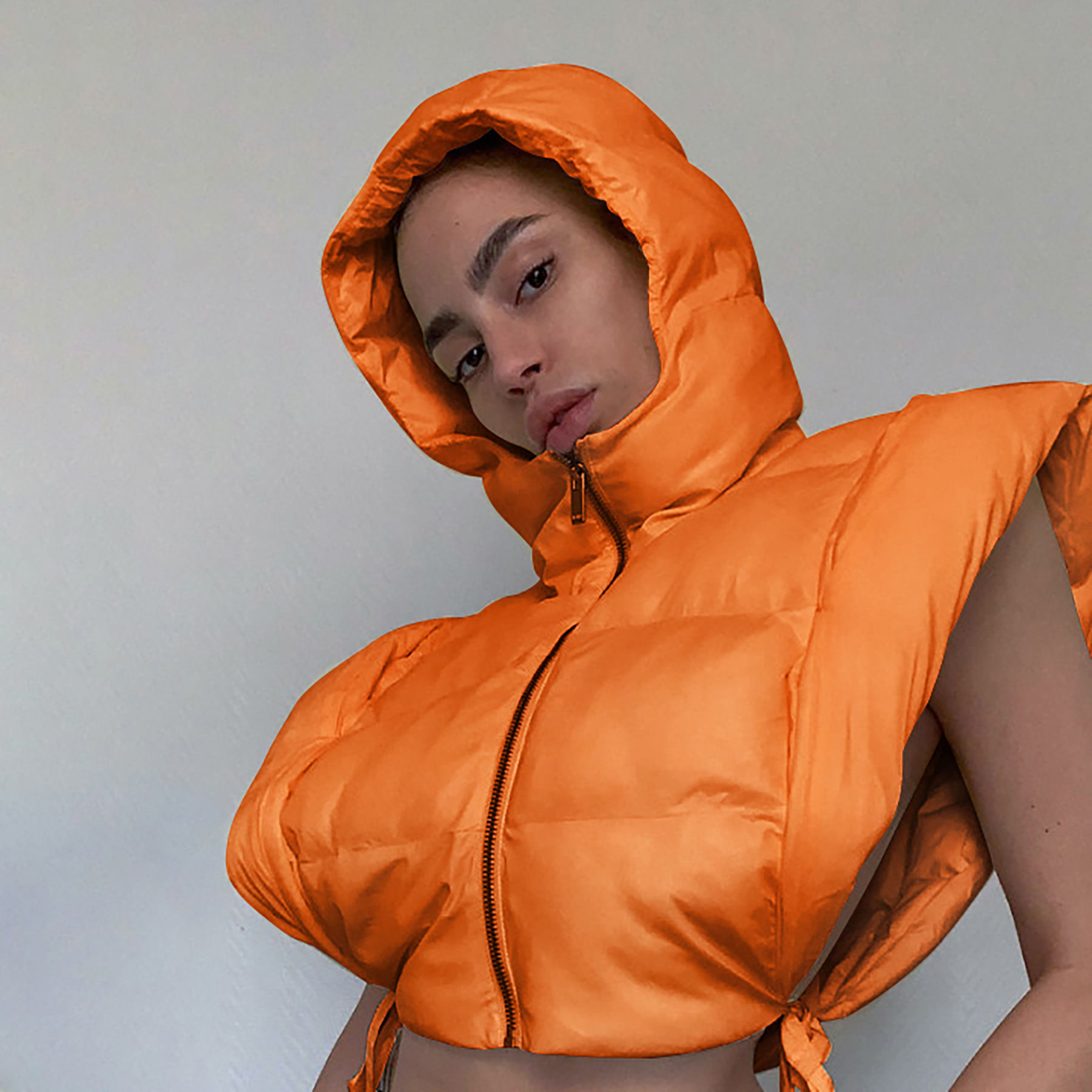 Women tie up hollow out side sexy hooded vest parkas 