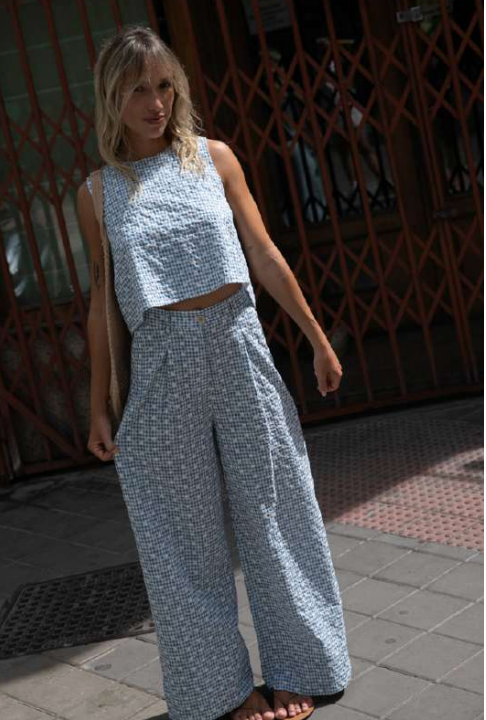 pantalon femme coton brodé vichy bleu coupe large