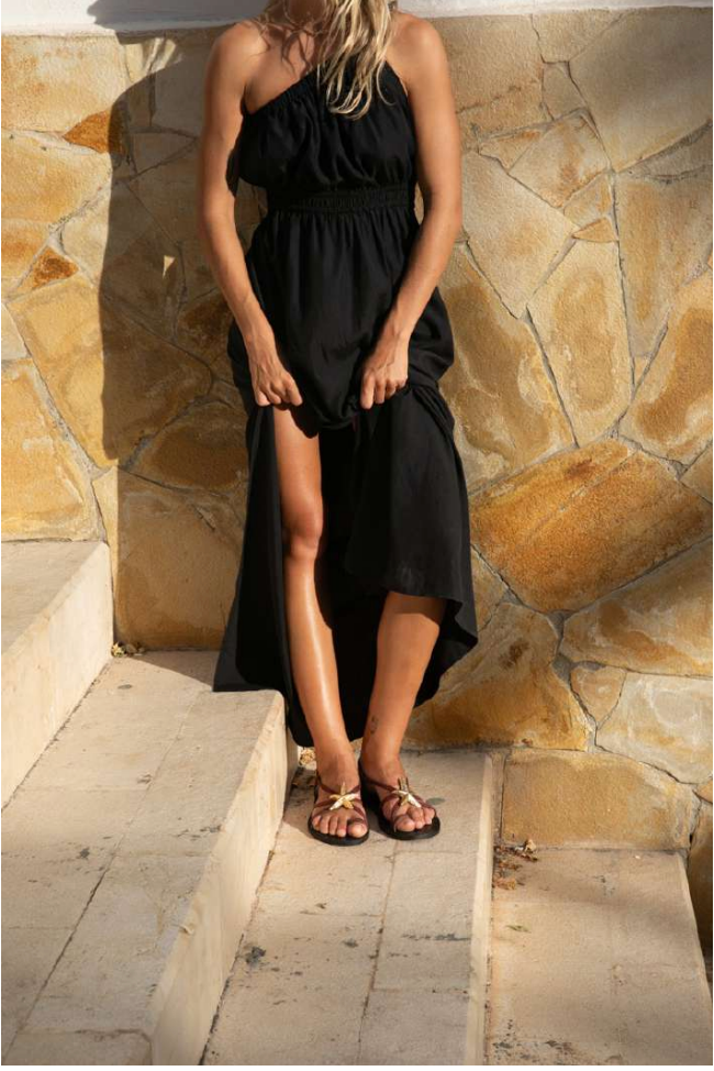 Robe longue noire asymétrique femme fluide en Tencel