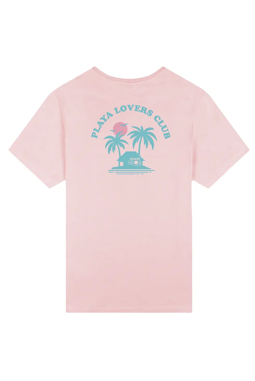 T-shirt rose Kulte imprimé Playa Lovers Club – palmiers coucher de soleil sérigraphie turquoise