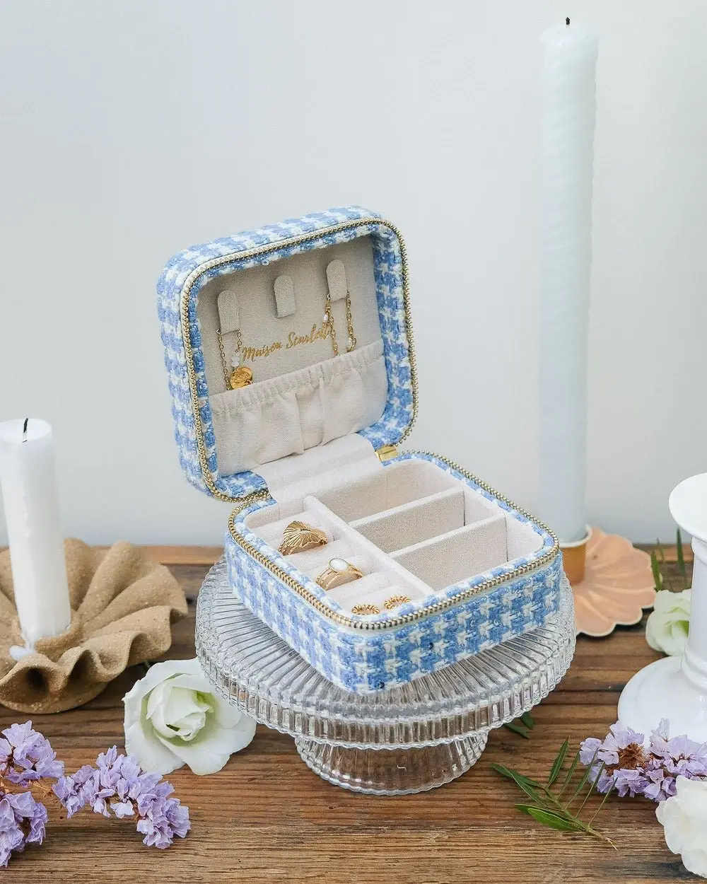 Boîte à bijoux de voyage Corinne en pied-de-poule bleu ciel