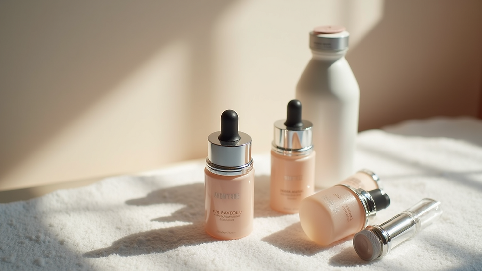 High angle view of hydrafacial treatment serums and equipment arranged neatly