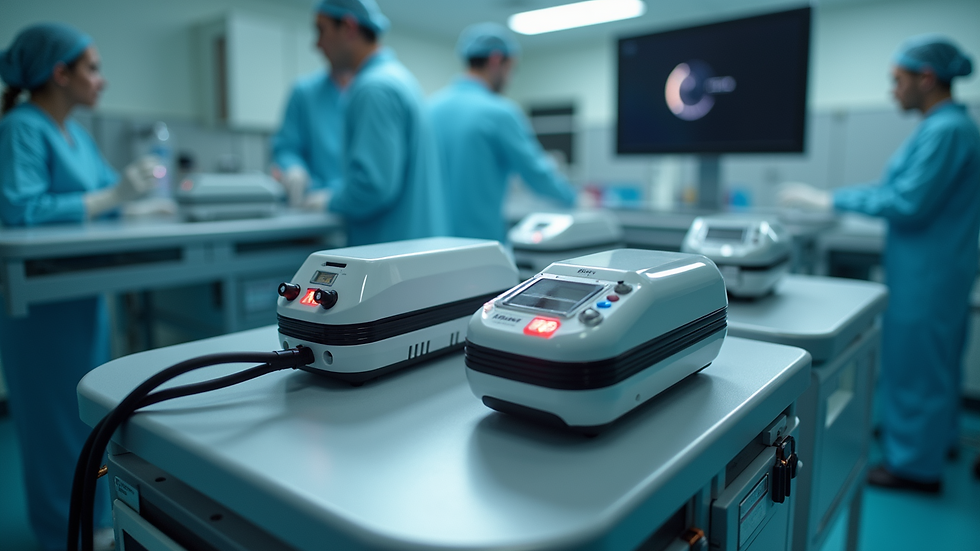 High angle view of different laser devices arranged on a medical cart