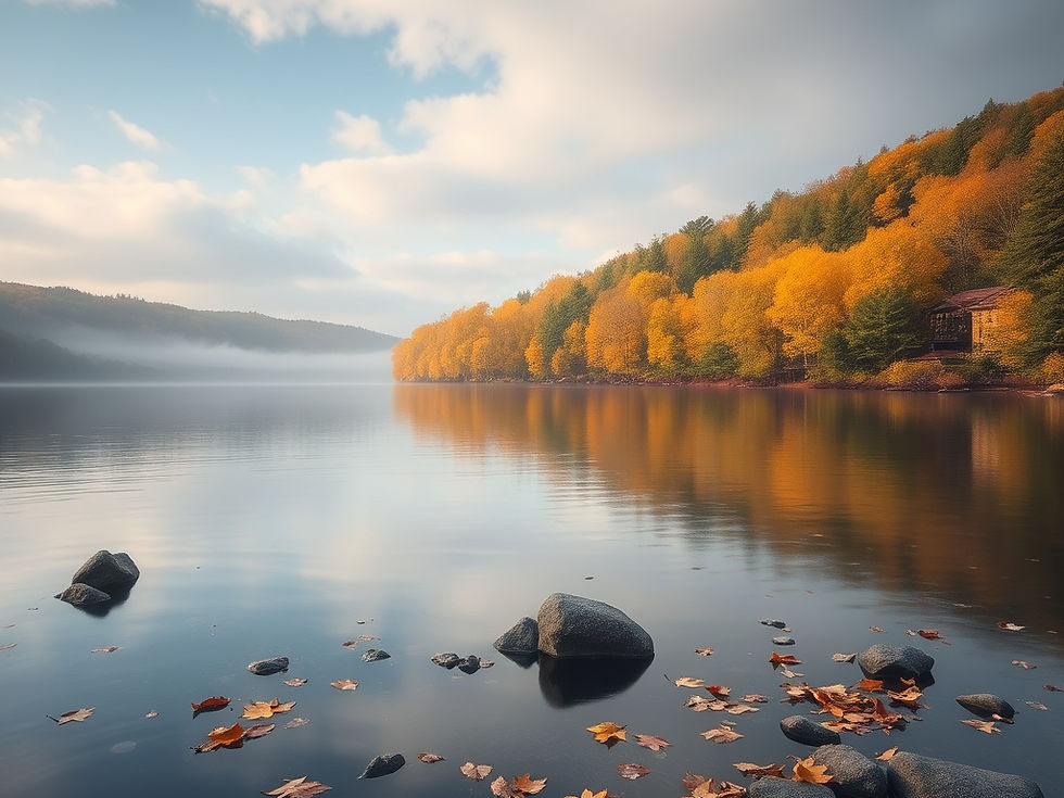 Eye-level view of a serene landscape with a gentle stream flowing through it