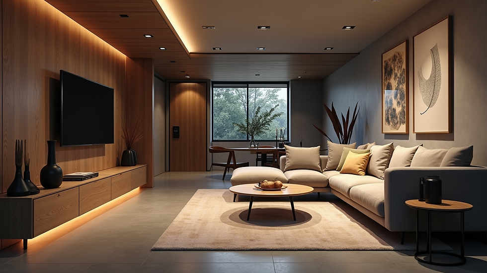 Wide angle view of a renovated basement with modern furniture and lighting