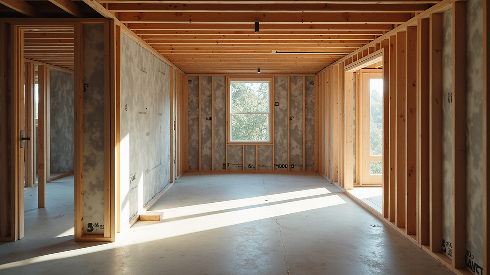 High angle view of basement construction site with framing and insulation in progress