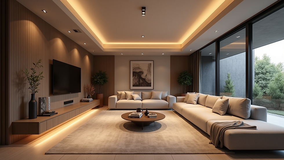 Wide angle view of a finished basement living room with modern furniture and recessed lighting