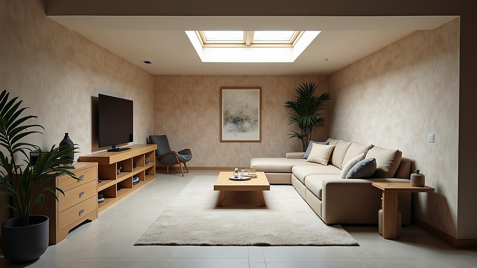 Wide angle view of a basement layout plan with furniture and storage zones