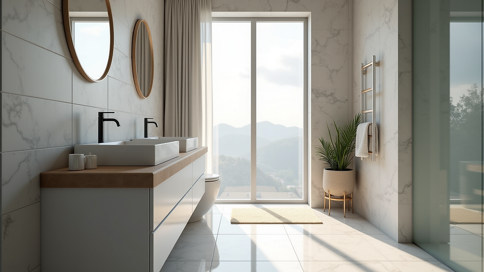 Close-up view of a renovated bathroom with new fixtures and modern tile flooring