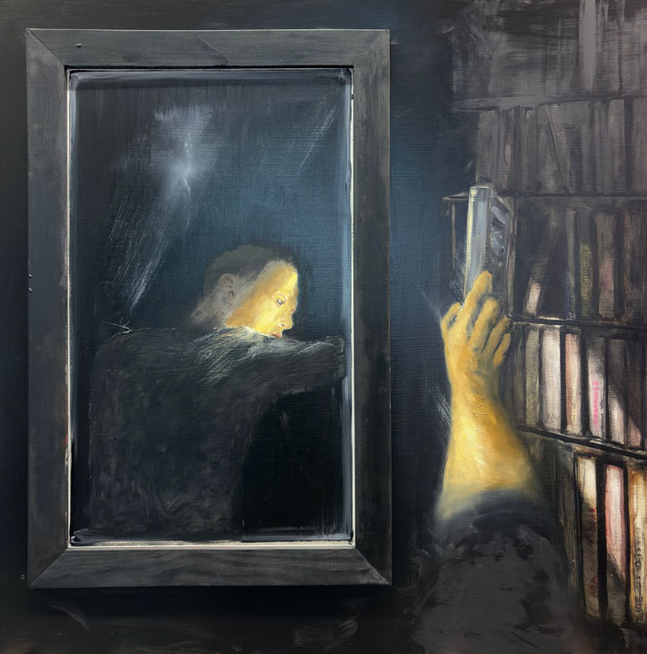 Stéphane Pencréac’h, La grande bibliothèque, 2026. Huile et cadre en bois sur toile, 120 × 120 cm.