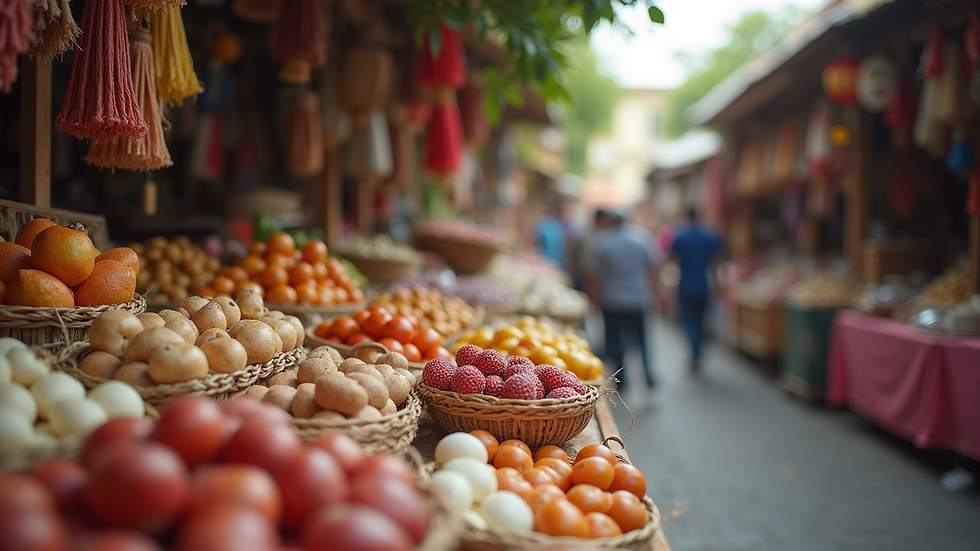 Eye-level view of a vibrant outdoor market showcasing various handmade crafts