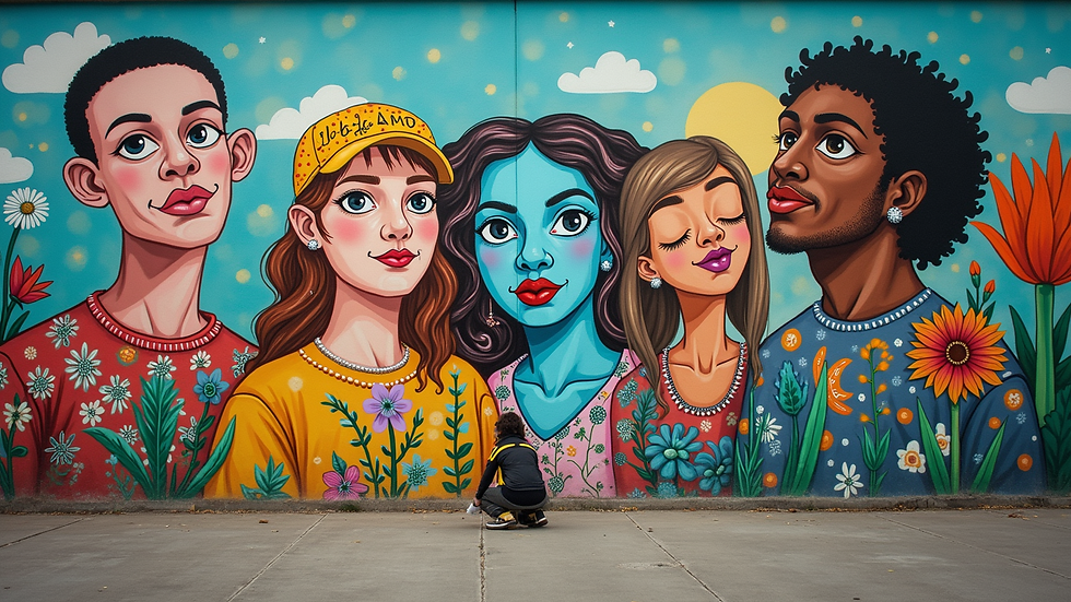 Eye-level view of a vibrant community mural showcasing diverse artistic expressions