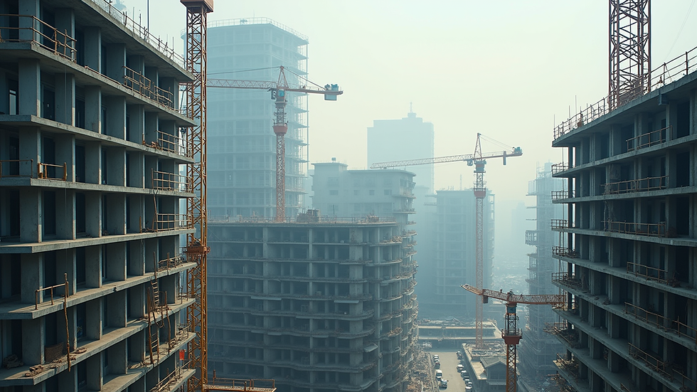 High angle view of a modern construction site with cranes and scaffolding
