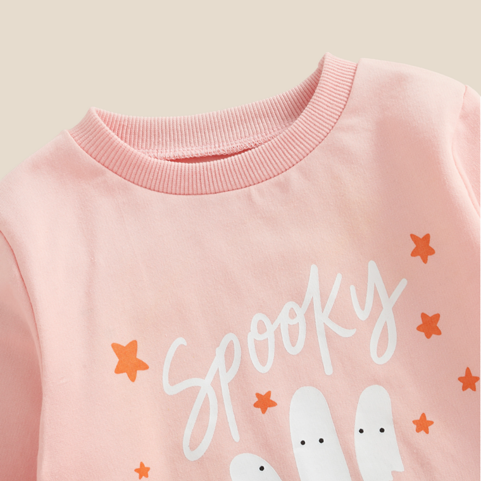 Thumbnail: close up of Spooky Halloween Pullover crewneck spooky print details