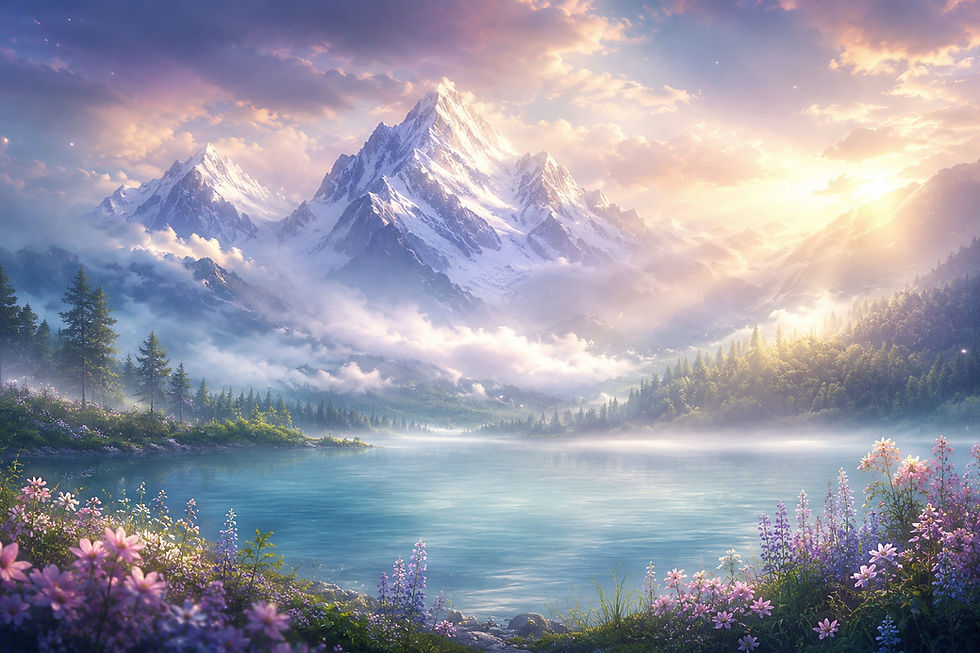 Mountains in the mist with a lake and vibrant flowers in the foreground