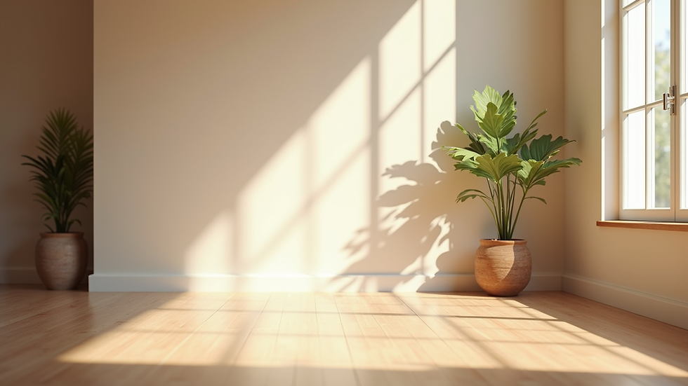 Eye-level view of a serene yoga studio with soft natural light