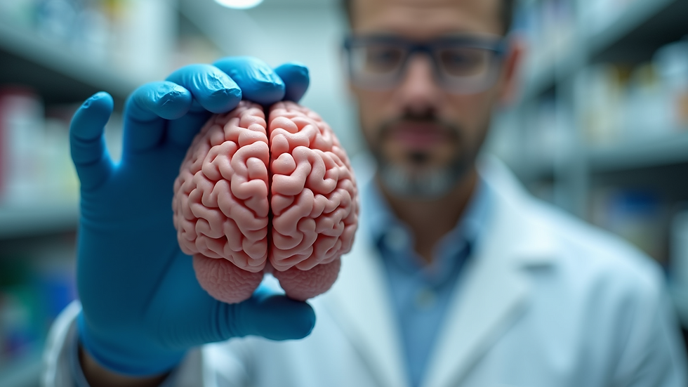 Close-up view of a researcher holding a brain model in a lab
