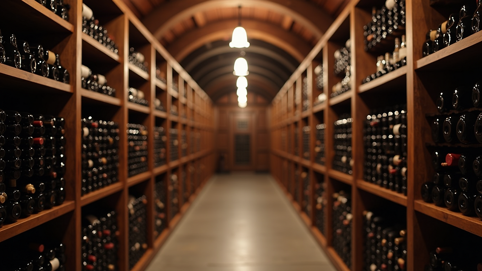 Eye-level view of a prestigious wine cellar filled with vintage bottles